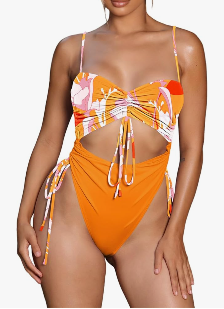Viottiset Women's Cut Out Drawstring One Piece Swimsuit Cheeky High Cut Bathing Suit | L