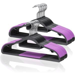 Tonswachic Pack of 30 Coat Hangers, Space-Saving Plastic Clothes Hangers, Non-Slip, 0.2 Inches Slim, 360 Swivel Silver Hook for Shirts, Pants, Suit & Wet/Dry Garments, Purple and Black, 30Pack