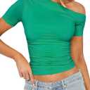 ForeFair Womens Short Sleeve Off Shoulder Tops Going Out Crop Top Slim Fitted Shirts Summer Outfits Y2K Cute Tops (Medium, Green)