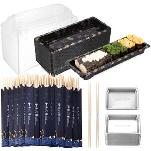 Disposable Dinnerware Set for 50pcs Sushi Trays Containers with Lids 8.6 x 3.6 Inch Disposable Sushi Take Out Boxes, 50 Pairs Japanese Bamboo Chopsticks, 100pcs Soy Sauce Dishes