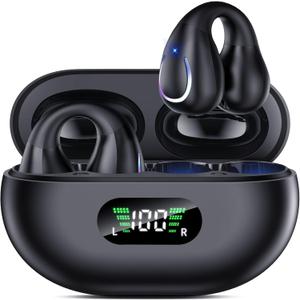 Open Ear Clip Wireless Earbuds Bluetooth 5.3, Sports Earphones Built-in Microphone with Earhooks & Ear Hook, Wireless Charging Case & Display, Waterproof Fitness Headphones for Exercise