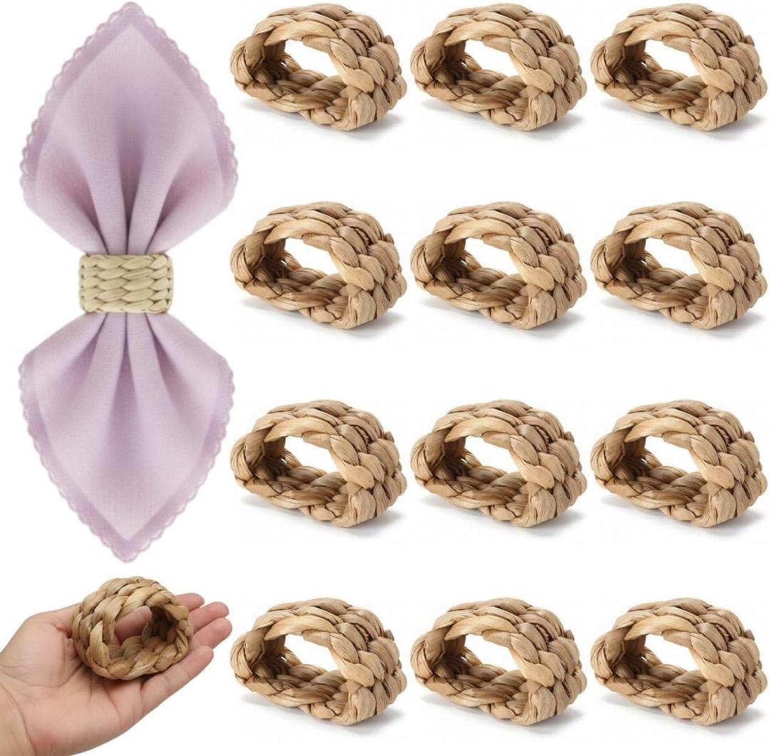 12Pcs Napkin Rings Rattan for Thin Napkins, Handwoven Semicircle Wicker Napkin Holders for Boho Farmhouse Table Decor, for Thanksgiving, Weddings, Easter and Coastal Summer Parties