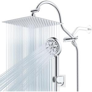Hibbent 12'' All Metal Shower Head, High Pressure Rainfall Shower Head, Handheld Showerhead Combo, 12'' Adjustable Curved Shower Extension Arm, 10-Spray, 71'' Hose, Adhesive Showerhead Holder, Chrome