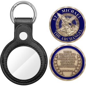 St Michael Challenge Coin Saint Michael Archangel Medal Bless Safety Religious Gift with Leather Coin Holder Keychain (Brass Color)