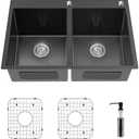 Black Double Bowl Sink - 50/50, 33x22x9-Inch Topmount - Stainless Steel - Drop In - Includes Sink Grid, Soap Dispenser, Drain Strainer