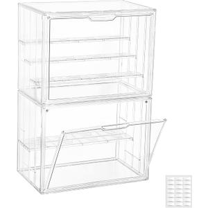Attelite Acrylic Display Case,Upgrade 4 Tiers Clear Display Case with 3 Adjustable Divider, 2 Pack Stackable Large Storage Box with Magnetic Door for Collectibles Action Figures