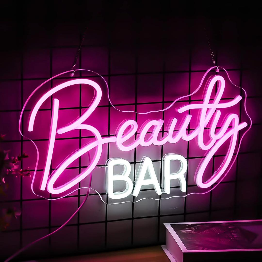 Beauty Bar Neon Sign, Pink Light Up Neon Lights For Wall Decor, Girls Makeup Room Bedroom Decor - Energize Your Space With Magical Ambiance16.5 X 9 inch (Pink White-3)