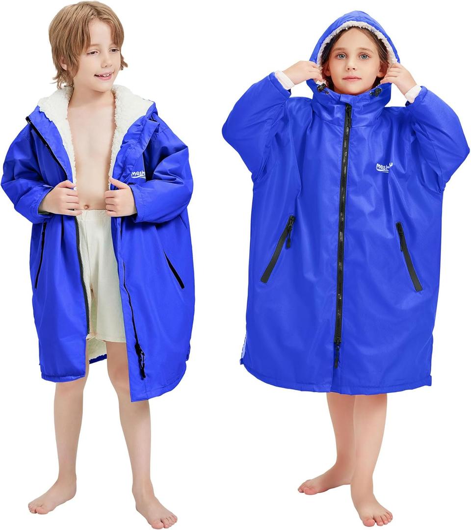 Kids Swim Parka, Waterproof Swimming Jacket, Hooded Surf Changing Robe, Warm Winter Swim Coat (Medium, Navy)