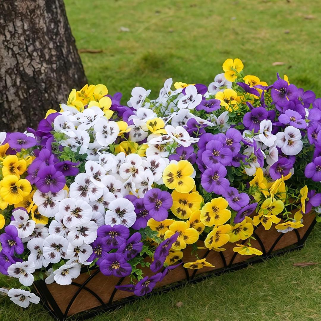 SupBri Artificial Flowers for Outdoor UV Resistant, Silk Pansies Fowers for Outside,Fake Plants Faux Flowers for Outdoor Planters Garden Patio Front Summer Spring Decor (12 Bundles)