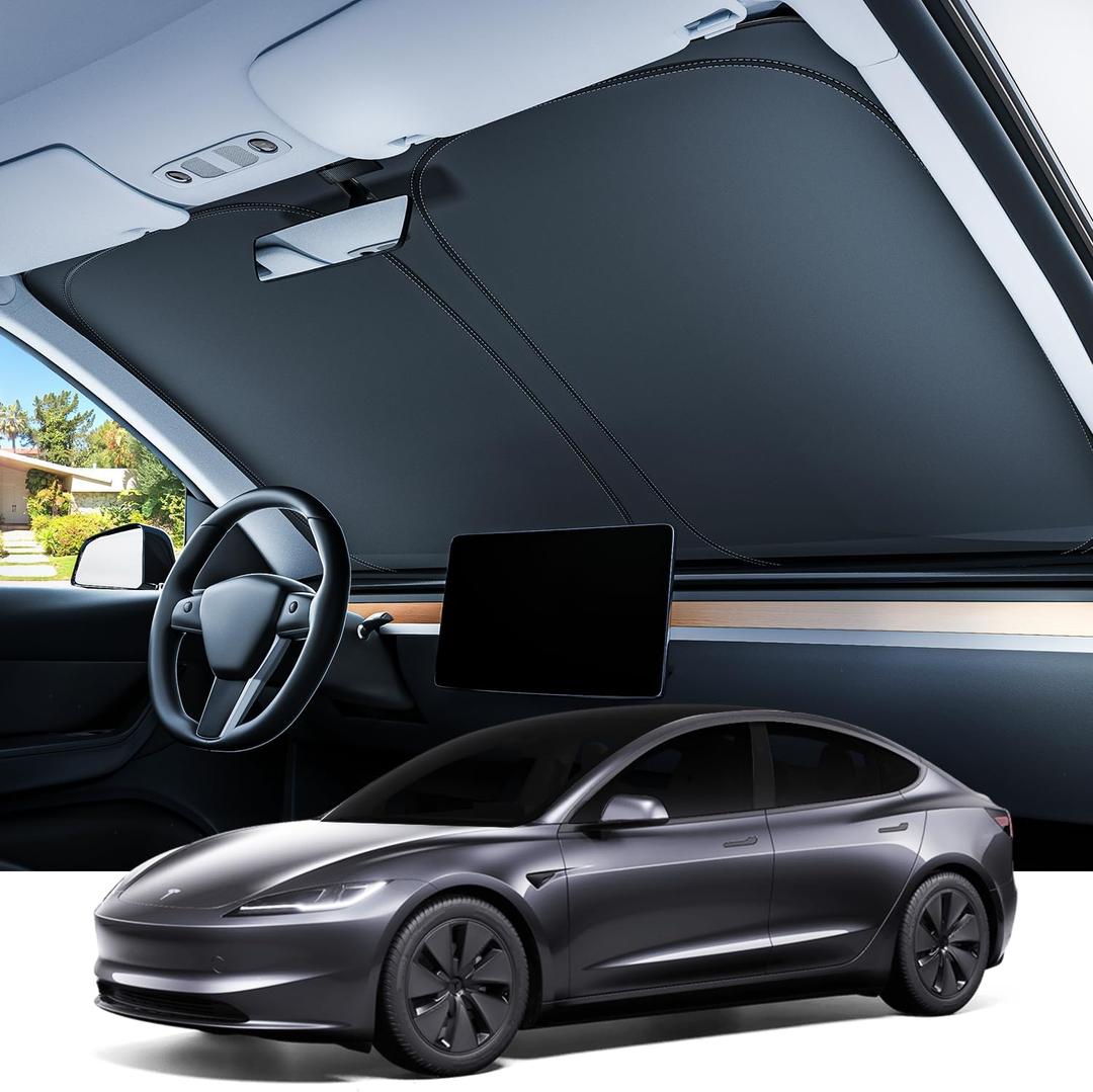 REEVAA 2025 Upgraded Tesla Model 3 Highland Sunshade Windshield [Tailored Fit, 99% Sun Protection] Foldable and Easy-Use Sunshade Accessories with Storage Bag Fit Model 3 2016-2025, Silver Coating