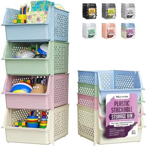 TidyFriend Stackable Storage Bins for Pantry, 4 Pack Stackable Bins For Organizing Food, Kitchen, and Bathroom Essentials (Multi)