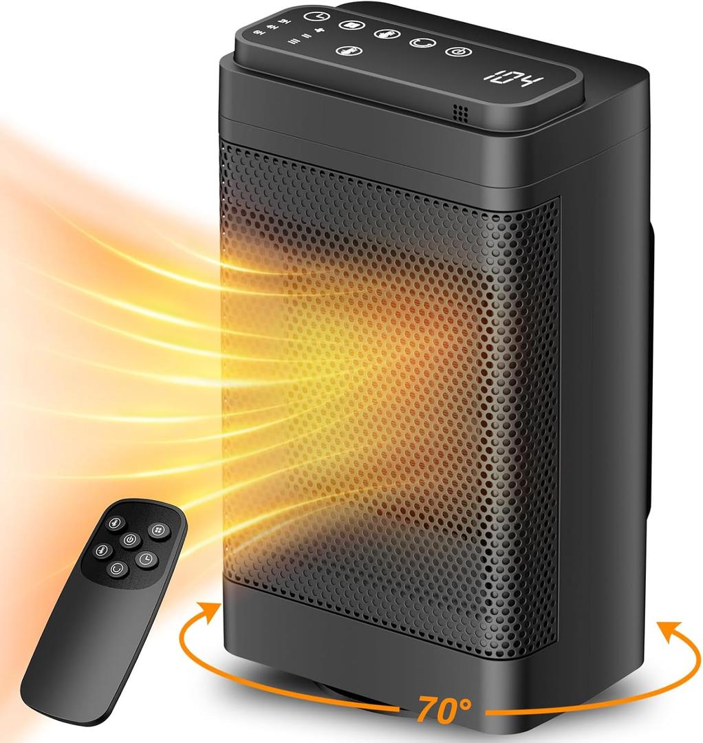 Space Heaters for indoor use, 1500W Portable Heaters with Remote, PTC Ceramic Electric Heater for Bedroom, 70Oscillation, 12h Timer, Noise level below 37dB (QX-BLACK)