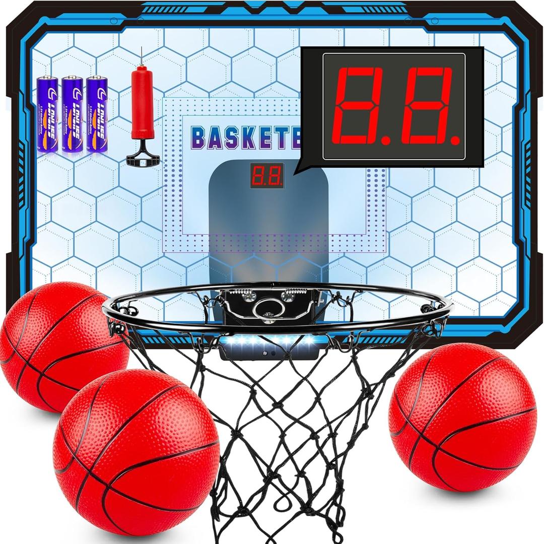 Indoor Basketball Hoop Boys Gifts for Teens and Adults Door Room Basketball Hoop Mini Hoop with Electronic Scoreboard, 3 Balls and Batteries Basketball Toys for 8 9 10 11 12