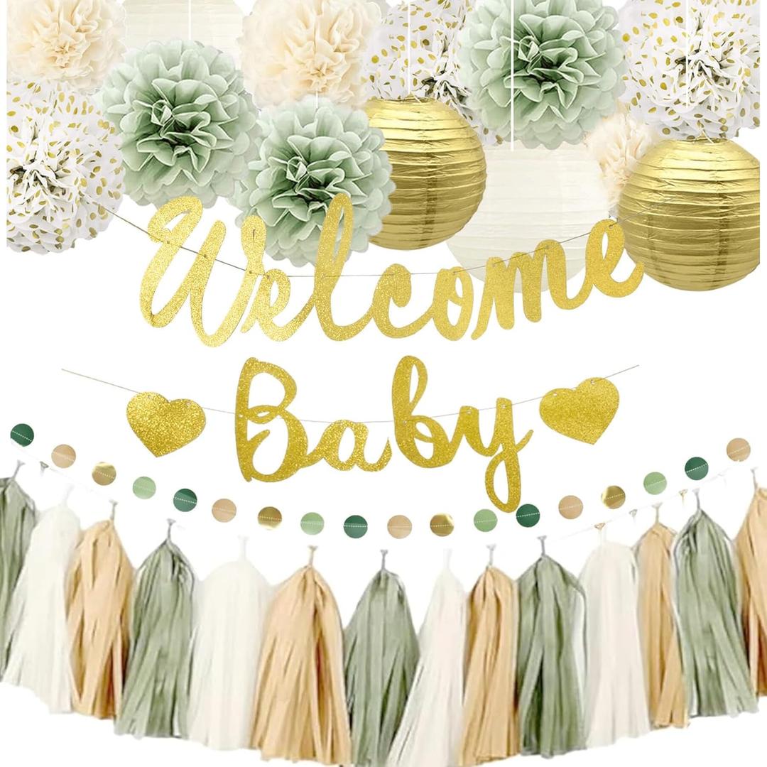 Baby Shower Decorations Sage Green & Gold for Boy or Girl- Welcome Baby Banner, PomPoms, Lanterns, Circle Dot& Tassels Hanging Garland Party Supplies-Safari Woodland Jungle Forest Boho Theme Neutral Gender