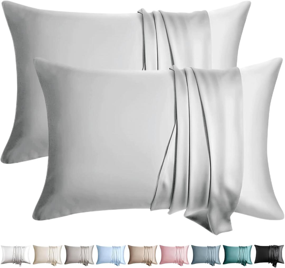 100% Silk Pillow Cases 2 Pack Standard Size Mulberry Silk Pillowcase for Hair and Skin Set of 2 Highest Grade 6A Silk Soft Breathable Cooling with Hidden Zipper, Light Grey