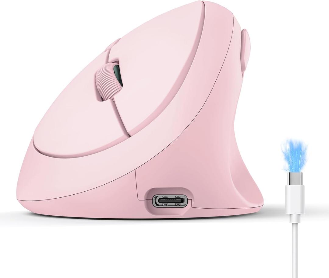 TECKNET Ergonomic Mouse, Bluetooth Wireless Vertical Mouse, Rechargeable Battery, Quiet Clicks, 4800 DPI Adjustable, BT5.0/3.0 & 2.4G Connect, Easy to use, Wide Compatibility - Pink
