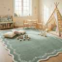 GarveeHome 6x9 Scalloped Area Rug Sage Green Washable Rugs for Living Room Bedroom, Soft Low Pile Non Slip Accent Floor Mat Solid Floral Print Throw Rug Farmhouse Indoor Carpet for Dorm Playroom