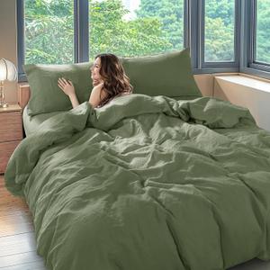 Shilucheng 100% Linen King Duvet Cover Set, Luxury Pure Natural French Flax Linen Duvet Cover with Zipper Closure & Corner Ties, Cooling Breathable Comforter Cover 3 Piece (Olive Green)