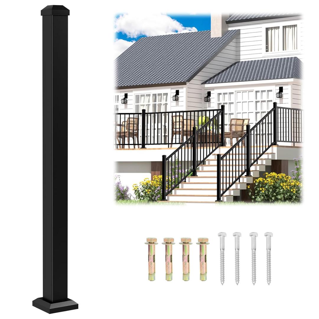 1 Pack 2.56 in. x 2.56 in. x 43 in. Aluminum Deck Railing Post with Screws, Black Textured Outdoor Powder-Coat Finish Stair Post for Decks, Porches & Balconies (1x 43in Post)