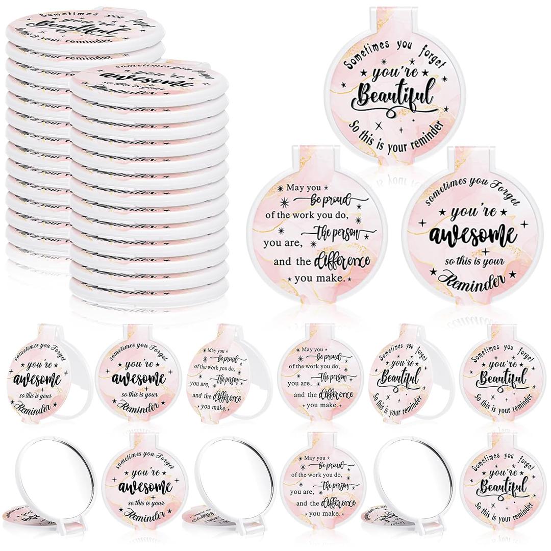 Wenqik 100 Pcs Light Pink Inspirational Mini Compact Mirrors for Purse Women Small Gifts Bulk, Round Makeup Folding Hand Mirrors, Client Guest Gift, Women History Month Party Favor for Bridal Wedding
