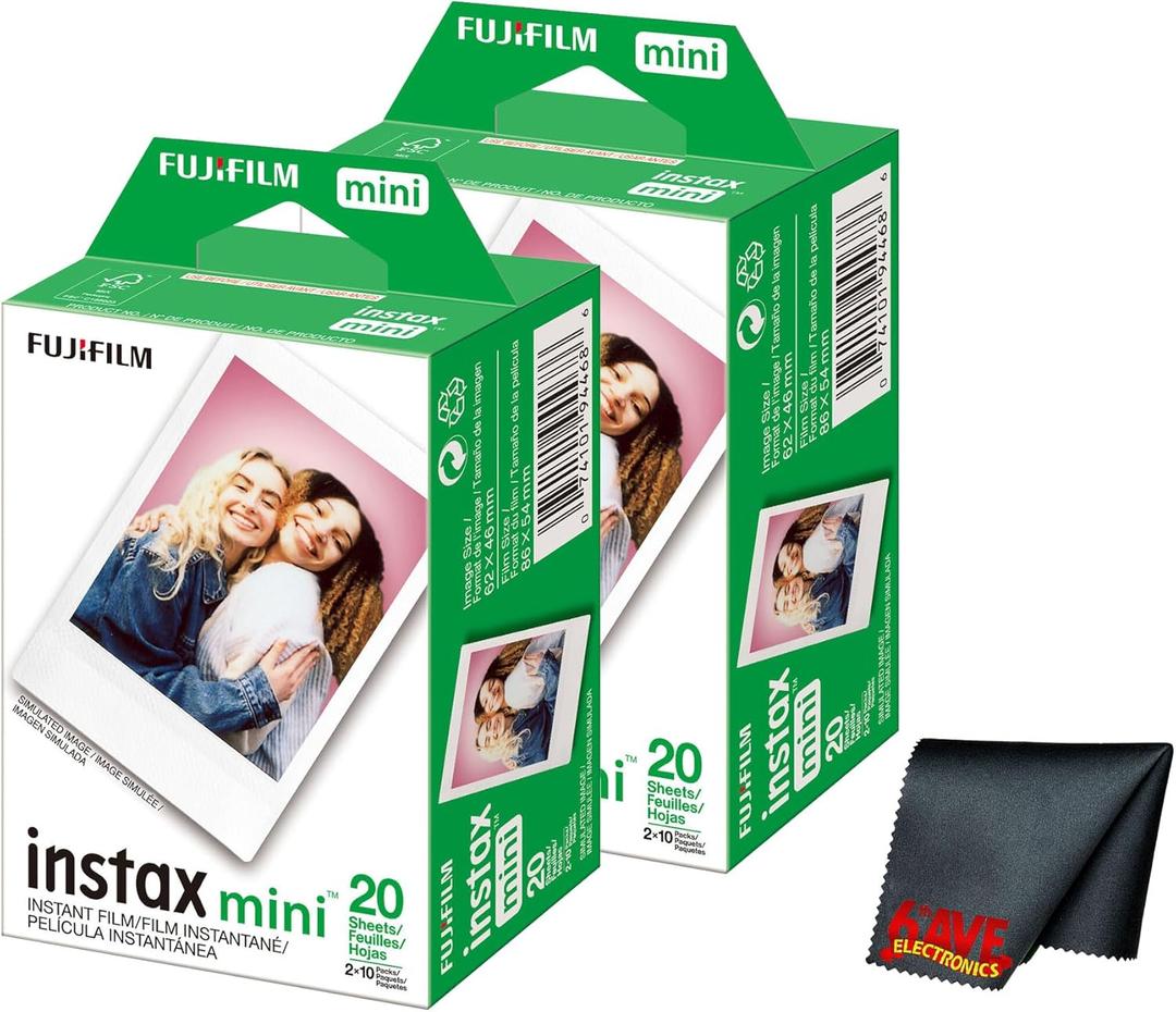 Fujifilm Instax Mini Film for Instant Camera (40 Photo Exposure) Bundle with 6AVE Microfiber Cleaning Cloth