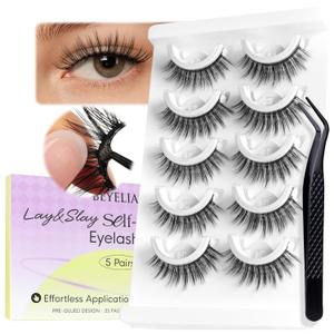 BEYELIAN Self Adhesive Eyelashes Press on Lashes, Reusable Pre Glued Eyelashes No Glue Need, Wispy Natural Look Faux Mink False Eyelashes 5 Pairs ZCV-180