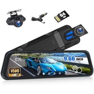 Free 64 GB TF Card 9.66" Mirror Dash Cam, 1080P Front and Rear View Mirror Cars Camera with IPS Full Touchscreen Night Vision Loop Recording Streaming Media Motion Detection Parking Monitor