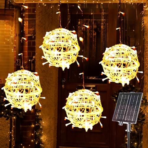 WISEgham Christmas Solar String Lights Outdoor, 4Pc 160LED 29.5ft Solar Powered Globe Fairy Lights Waterproof, 8 Modes Ball Lights Outside for Tree Garden Yard Porch Lawn Holiday Decor, Warm White