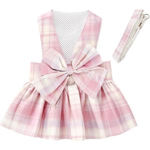 1 Pcs Pink Plaid Dog Dress Set, Cute Bow Tie Puppy Outfits with Bownot, Harness Leash Set for Small Girl Dogs Cats Birthday Holiday Outdoor Walking S