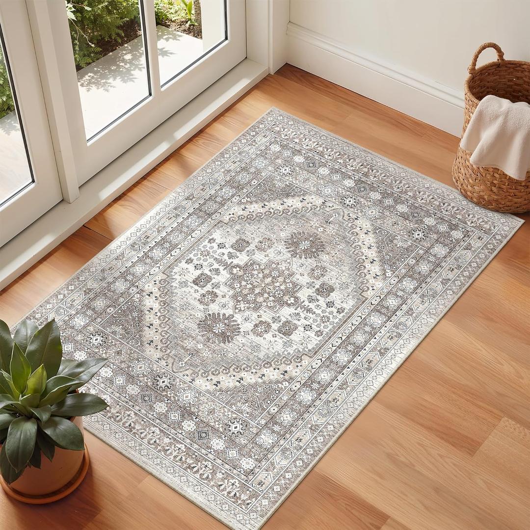 zesthome 2x3 Entryway Rug, Soft Washable Rugs, Non Slip Area Rug, Stain Resistant Low Pile Rugs for Bedroom, Vintage Rug for Door Mat, Kitchen (Brown/Beige,2'x3')