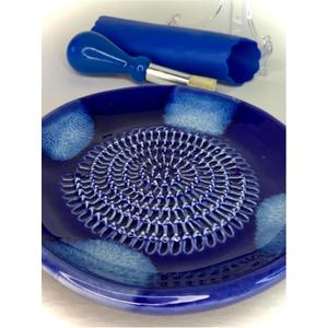 All-in-one Premium Ceramic Garlic Grater Plate 4-Piece Set - Blue Cross Glazed Design and Style - For Garlic, Ginger, Chocolate, and more! - Comes with 5.25" Plate, Peeler, Brush, and Stand