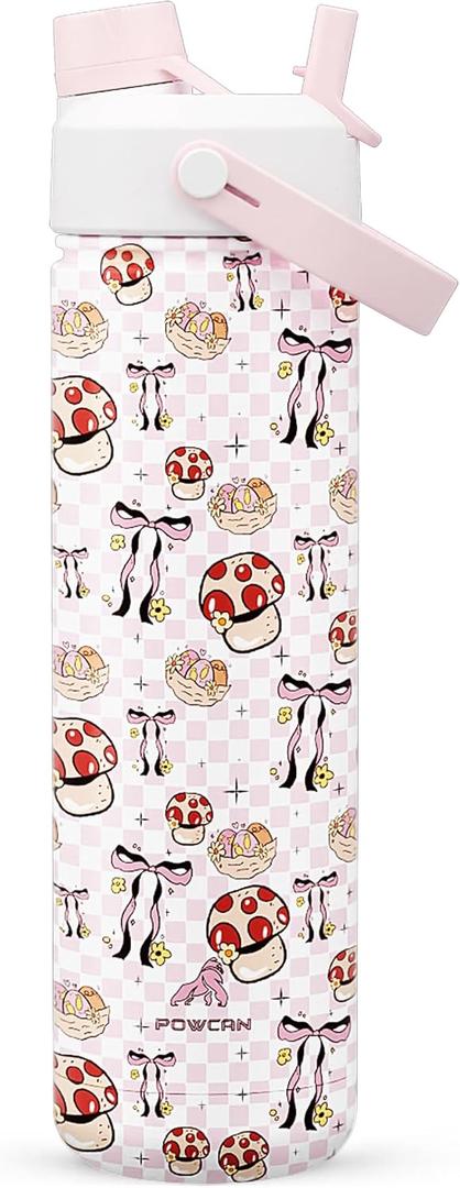 POWCAN 26 oz Insulated Water Bottle with 2-in-1 Straw and Spout Lid, Keep Cold 24H, Leak-Proof, Fits in Car Cup Holder, Stainless Steel Water Bottle for Sports, Travel, Gym, and School (Mushie Belle)