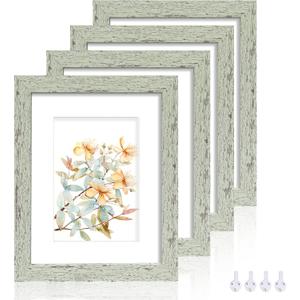 Hongkee 8x10 Picture Frame Set of 4, Made of Real Glass and Sage Green Wooden Frame, 8 by 10 Photo for Wall or Tabletop - Display Picture 5x7 with Mat or 8x10 Without Mat