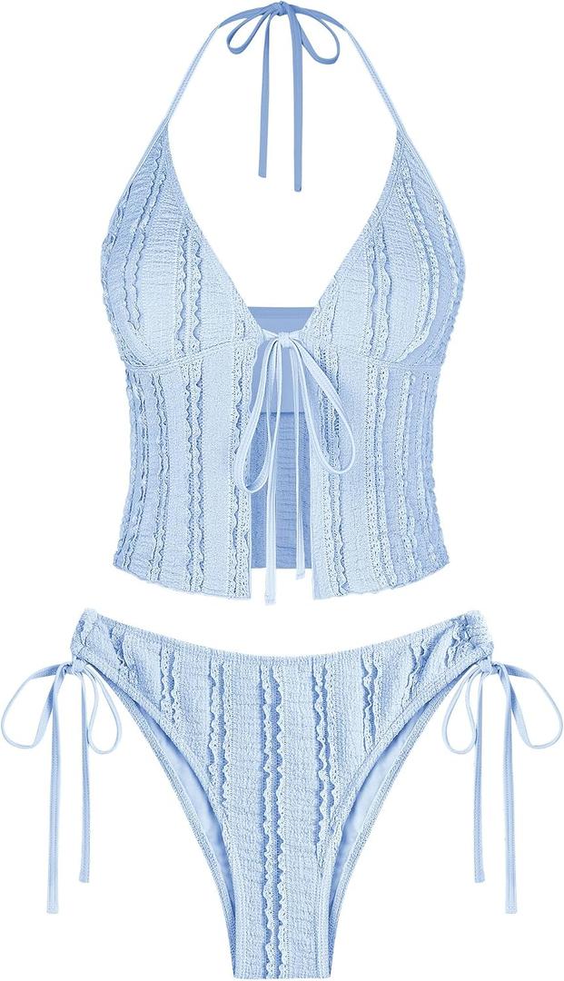 ZAFUL Tankini Swimsuits for Women Smocked Ruffles Tie Front Tummy Control | Cute swimsuit, High cut tanga tankini set, Halter tankini top, Flowy swimsuit, Cherry, Fruit, Gingham, Stripe, Floral pattern, Re-light Blue, Large