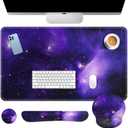Britimes Space Galaxy Purple Keyboard Mouse Pad Set 4in1 Large Mousepad+Keyboard Wrist Rest+Mouse Wrist Rest+Coaster Ergonomic Design for Home Office Computer 35.4x15.7 inches