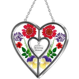 KY&BOSAM Heart Suncatcher Stained Glass Suncatchers in Loving Memory Memorial for Loss of Loved One Unique Sympathy Gift Real Pressed Dried Flower Bereavement Grief for Loss of Mom Grandma Decor