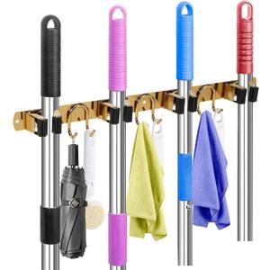 Mop Broom Holder Wall Mount, Gold Stainless Steel Tool Storage Organizer for Kitchen Garden Garage Laundry Room Bathroom and RV with 4 Slots 6 Hooks (Gold-1 Pack)