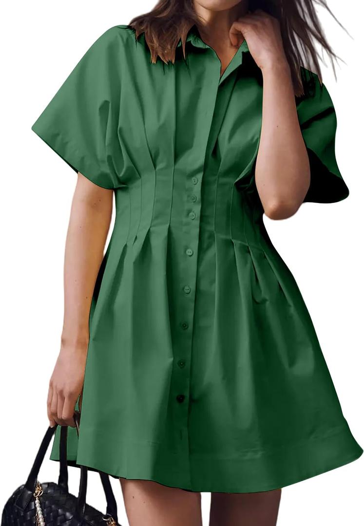 MISSACTIVER Women Pleated Button Down Shirt Dress Short Sleeve Striped Corset Mini Dresses Casual Summer Short Dress, Small