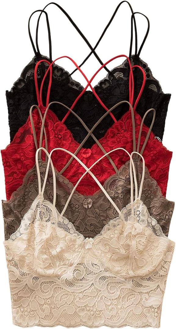 OYOANGLE Women's 4 Pack Lace Bralettes Criss Cross Cami Bras Unlined Wireless Comfortable Everyday Bra Cute Lace Bras (Multicolor), Small