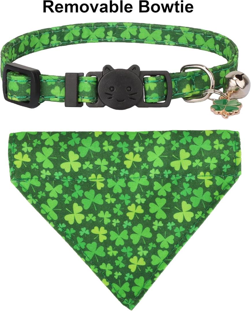 ADOGGYGO St. Patrick's Day Cat Collars with Bandana Bell, 2 Pack Adjustable Cat Bandana Collar with Removable Scarf, Green Shamrock Pet St Patricks Collar for Kittens Cats (St. Patrick's Day) (7.5"- 10.5", St. Patrick's Day)