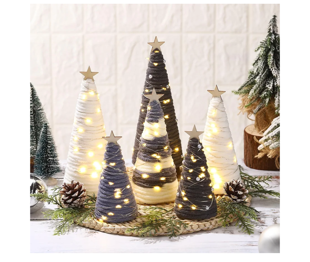 Cinnvoice 6 Pcs Boho Christmas Yarn Tree Natural Christmas Tree Xmas Yarn Cone Pedestal Tree Decoration Farmhouse Christmas Tree Rustic Wool Tree Bottle Brush Tree Table Centerpiece Decor(Grey)