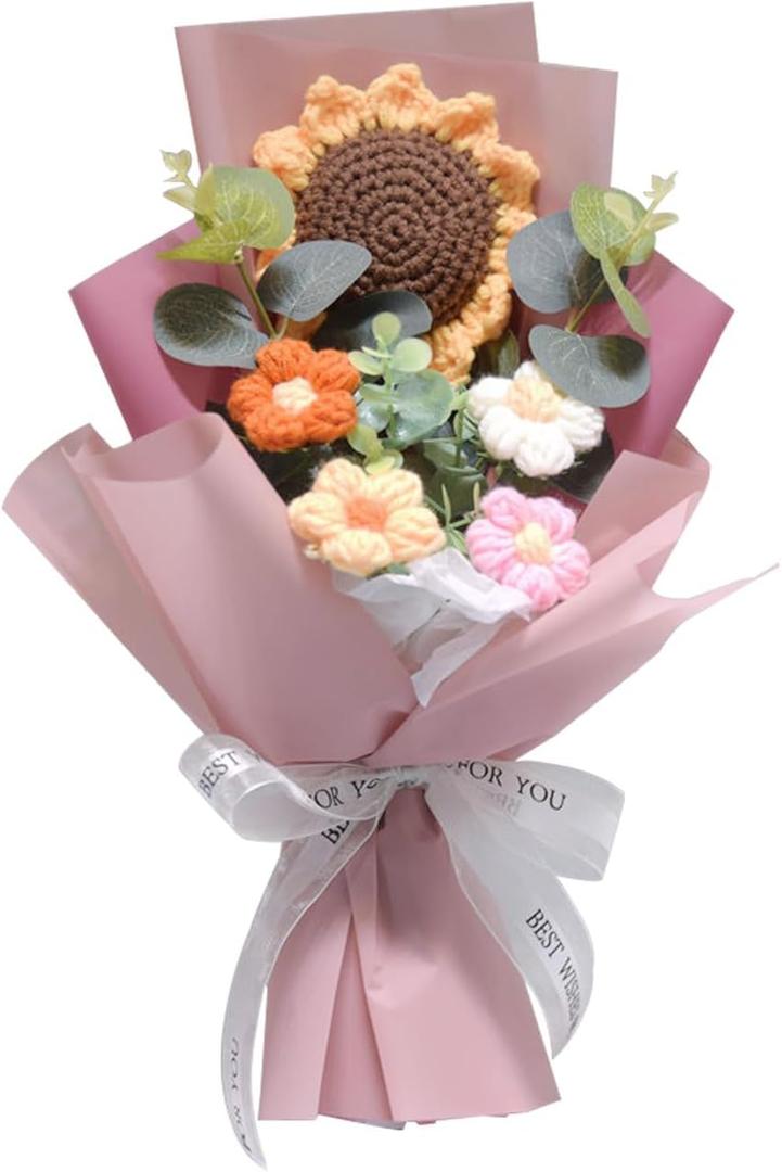 Crochet Flowers Bouquet, Handmade Knitted Bouquet, Crochet Flower Kit Knitted Fake Sunflower Daisy, Gift for Mother Wife on Birthday Anniversary (01Cappuccino Color)