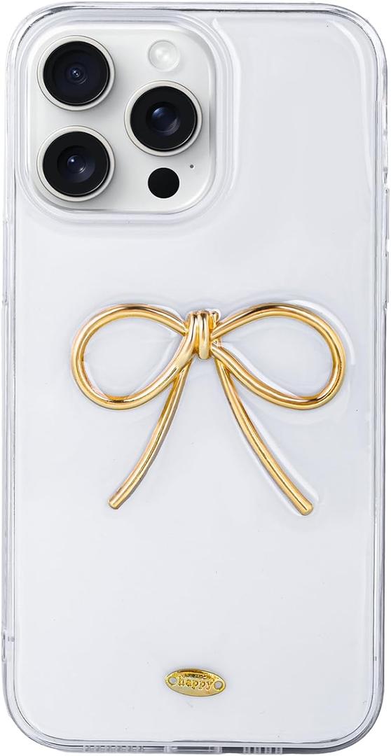 Designed for iPhone 15 Pro Max Cases with Camera Lens Protection, Cute 3D Metal Bow Phone Cover Clear Soft Protective Case for iPhone 15 Pro Max Case (Golden)
