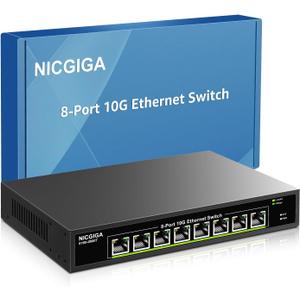 8 Port 10G Ethernet Switch Unmanaged,with 8X 10Gb Base-T Ports, NICGIGA 10Gbps Network Switch Easy for 10G NAS,PC,WiFi7 Router,10G Adapter/NIC. Desktop or 19-inch Rack Mount, Plug and Play.
