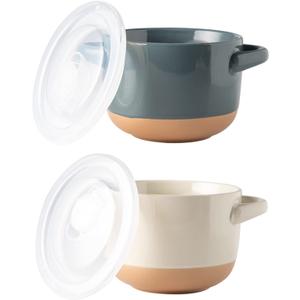 AmorArc 24 Ounces Soup Bowls with Large Handles and Lids, Stoneware Bowls Set of 2 for Soup, Cereal, Stew, Noodle, Colourful Ceramic Kitchen Bowls, Microwave&Dishwasher Safe, Grey&Beige (Set of 2, Beige&Gray)