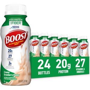 BOOST High Protein with Fiber Ready to Drink Complete Nutritional Drink, Creamy Strawberry, 8 fl oz Bottle, 24 Pack, BBD-08/17/2027