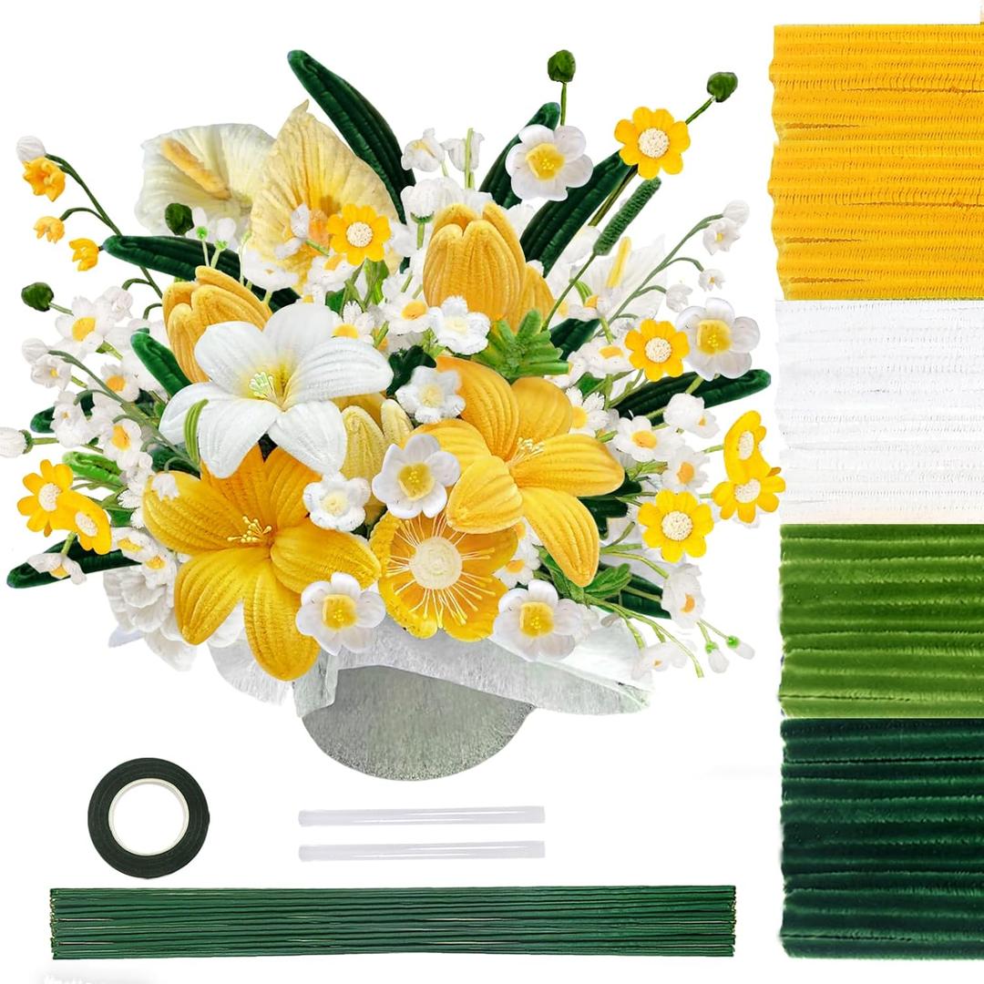 TOAOB 200pcs Pipe Cleaners Craft Supplies DIY Daisy Bouquets Making Kit Chenille Stems Artificial Flowers Craft Kit for DIY Art and Crafts Home Decorations Yellow White Green Dark Green
