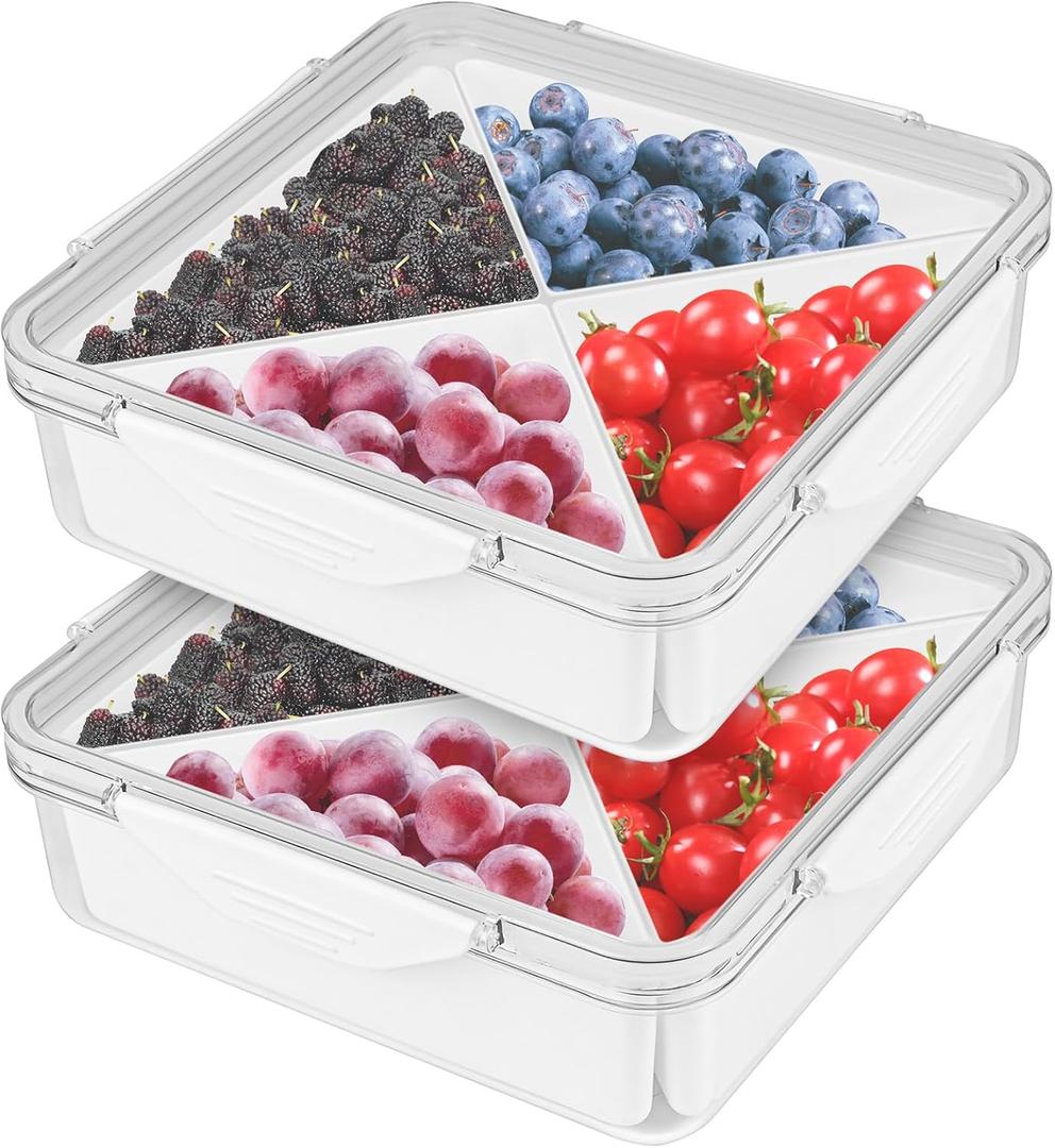 2 Pack Veggie Tray With Lid - Square Divided Serving Tray for Fridge Organizer Bins Divided Snackle Box Container with 4 Compartments for Party Serving Platter, Fruit Tray with Dip, Snack Storage 2 Pack Veggie Tray With Lid - Square Divided Serving Tray for Fridge Organizer Bins Divided Snackle Box Container with 4 Compartments for Party Serving Platter, Fruit Tray with Dip, Snack Storage