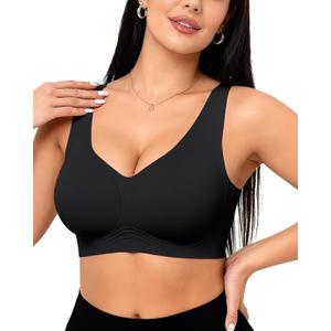 Vertvie Womens Jelly Wireless Bras Seamless T-Shirt Bra No Underwire Full Coverage Pullover Bralettes Supportive Sports Bras (Large, Black)