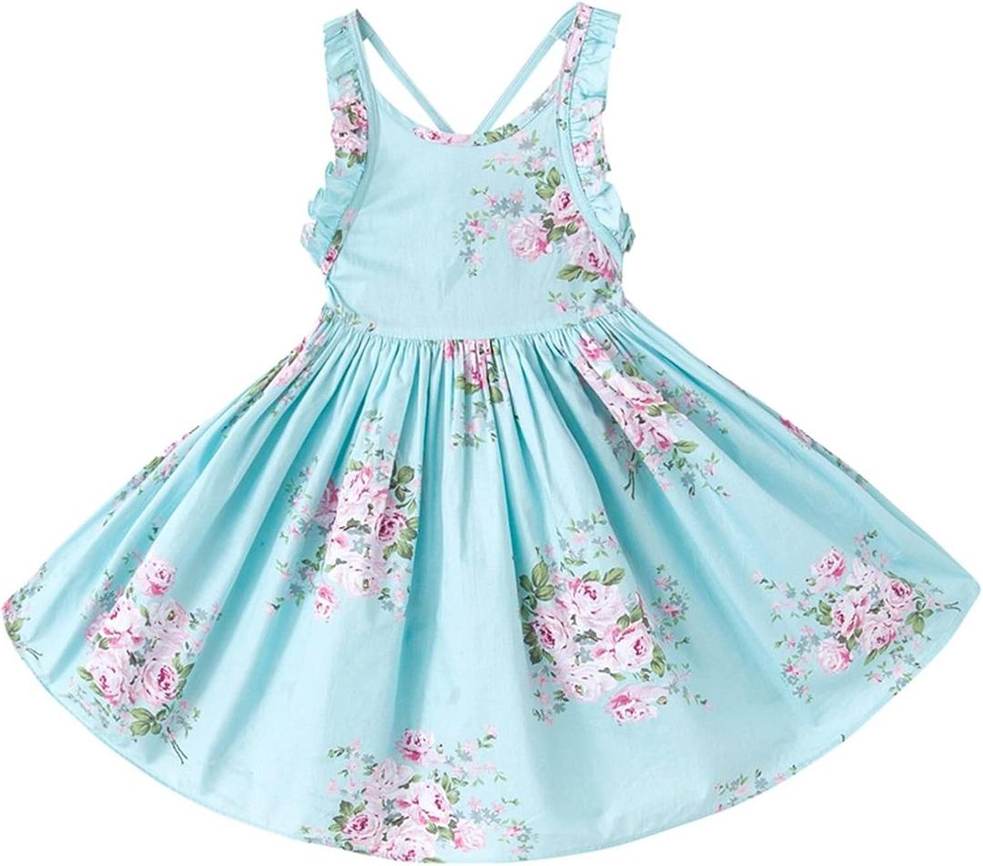 HILEELANG Girl Summer Beach Dress Halter Neck Sleeveless Casual Tank Outfit Sundress 1-12Y (2T, 2103#blueflower)